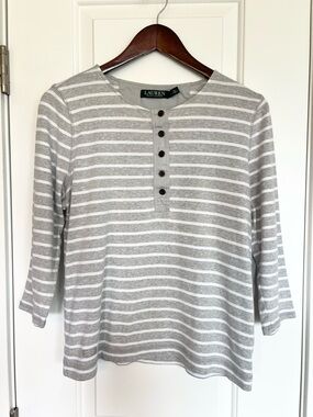 Lauren Ralph Lauren gray and white striped cotton Henley tee Size XL Nautical